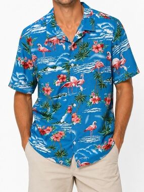 SSLR Men’s L Blue Hawaiian Shirt Flamingo Hibiscus Palm Tropical Button Down